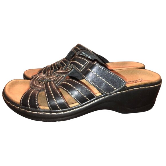 Clarks Womens Black Leather Strappy Slide Sandals With Stitch Detailing Size 7.5 - Picture 6 of 16